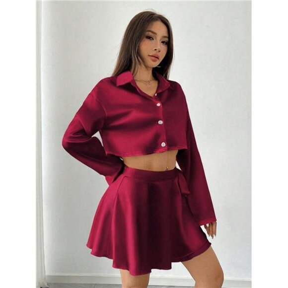 2pcs Women 1-Button Satin Blouse & Mini Skirt Set, Autumn - Picture 5 of 7